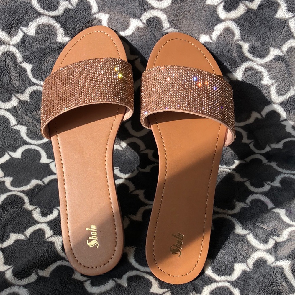 New Shein Rose Gold Sequined/Jeweled Slides/Sandals